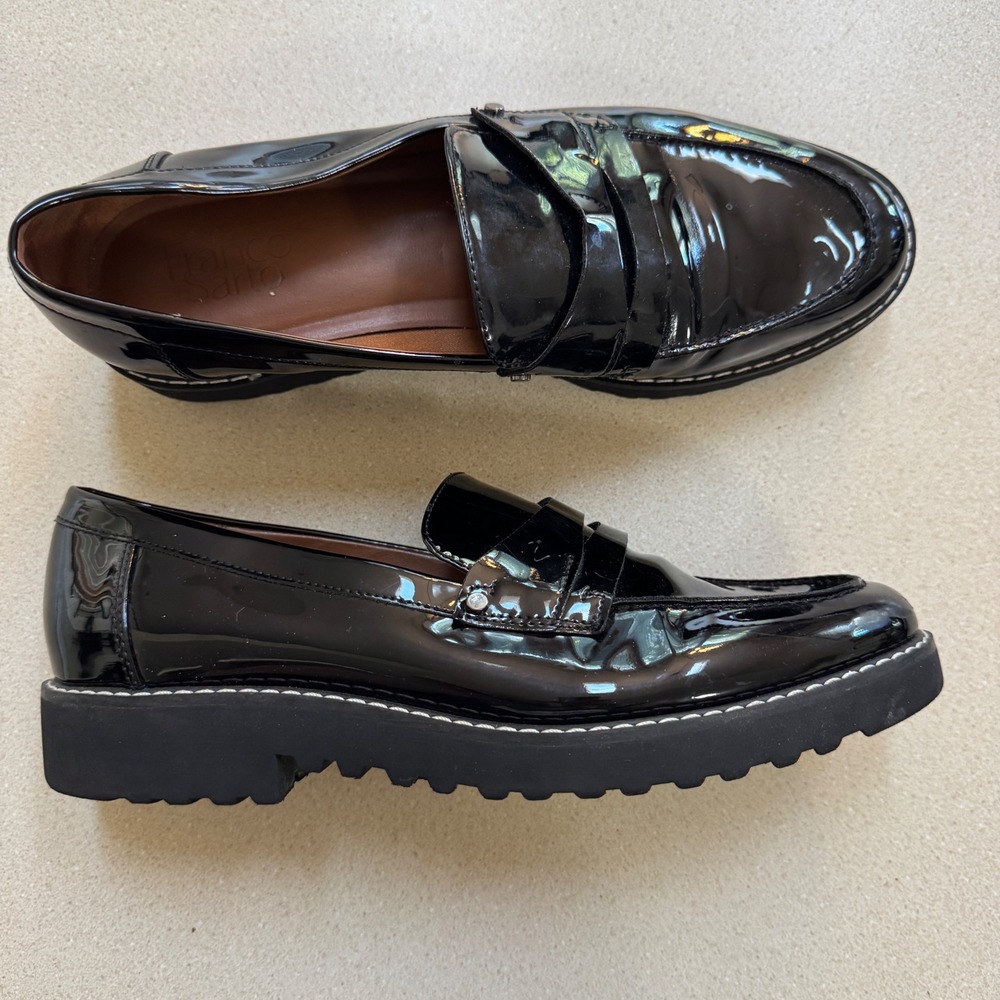 Franco Sarto Cassandra Black Patent Lug Sole Penny Loafers Womens 9M Platform